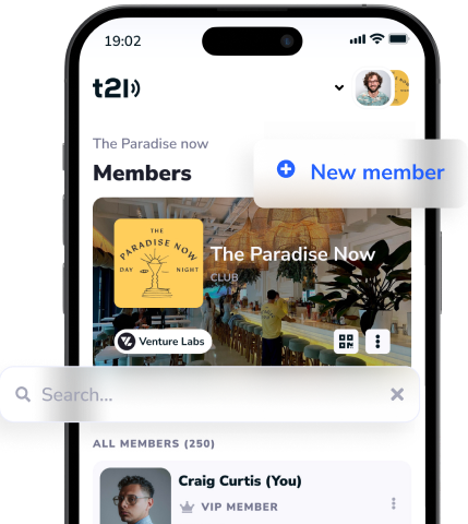 Smartphone showing a club overview with card design and member profiles