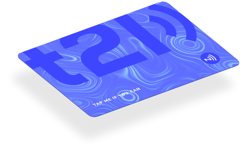 A blue tap2link NFC card with a custom design