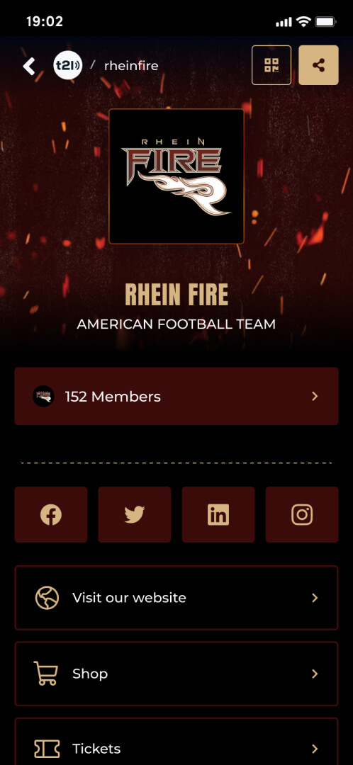 A Rhein Fire profile in the tap2link app.